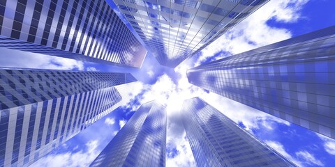 Skyscrapers, high-rise buildings from below against the background of the sky, cityscape, panorama of skyscrapers, 3D rendering © ustas