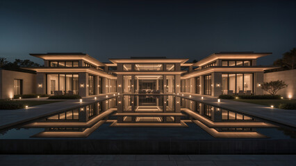 Fototapeta premium Luxury Modern Villa Exterior at Night with Warm Lighting