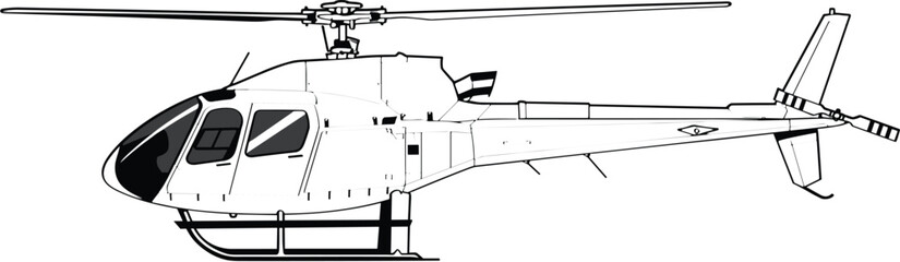 Helicopter line art illustration, detailed chopper outline, aviation transport aircraft, emergency air rescue vehicle, isolated technical drawing on white background © NourjahanWorlds