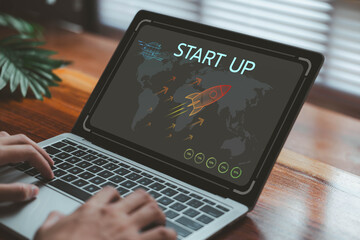 entrepreneurship launch rocket start flying up and network line connection, the Startup concept plan development business project digital technology idea of leadership. Strategy Startup growth
