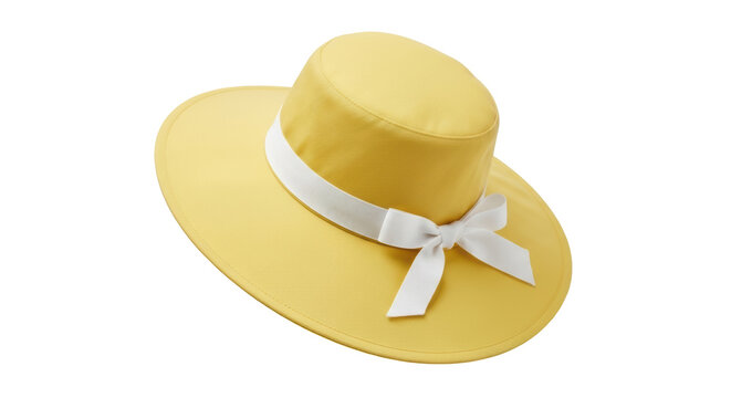 Elegant yellow sun hat with white ribbon isolated PNG, stylish summer headwear for women on transparent background