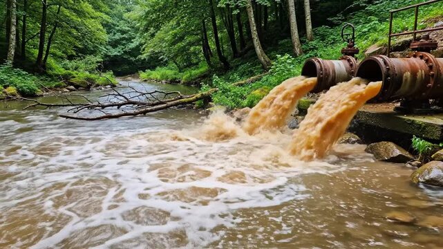 Rusty pipe discharging muddy water into stream