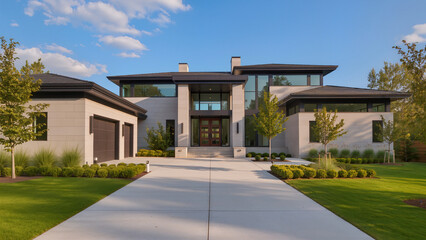 Modern Luxury Villa Entrance with Clean Driveway