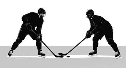 Obraz premium Hockey players faceoff silhouette illustration with two athletes on ice rink holding sticks and puck, monochrome sports graphic for poster, logo, and game promo