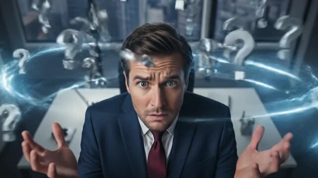 Businessman Looking Confused Surrounded by Question Marks
