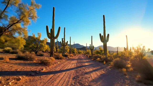 Desert road with cacti and mountains