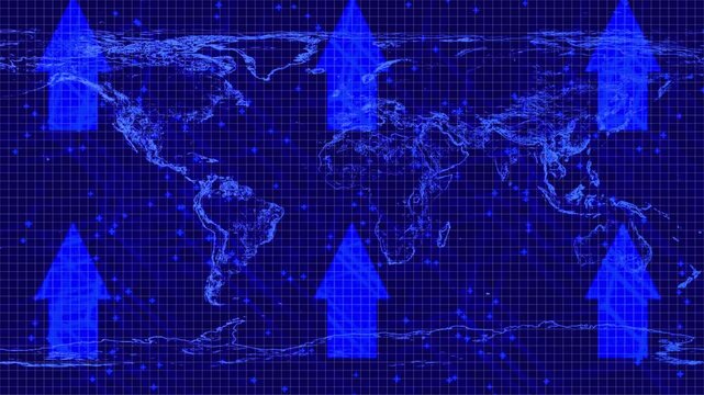 Blue digital world map with rising arrows symbolizing global economic growth and high-tech data connectivity.