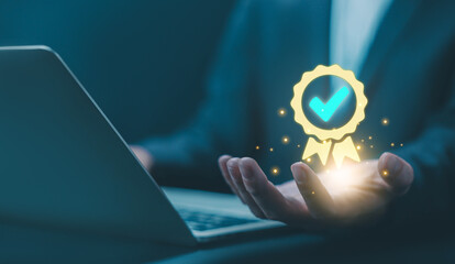 quality guarantee process and satisfaction with customers, service best certification industrial. quality control concept. service system business certificate standard iso digital technology