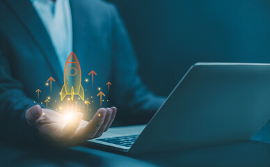 entrepreneurship launch rocket start flying up and network line connection, the Startup concept plan development business project digital technology idea of leadership. Strategy Startup growth