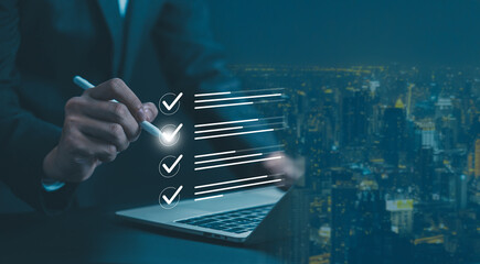 Tick the checkmark in the survey item, and tick mark evaluation in the options check form online. Concept of task audit in a list of documents, checklist, process order, detail business verify task