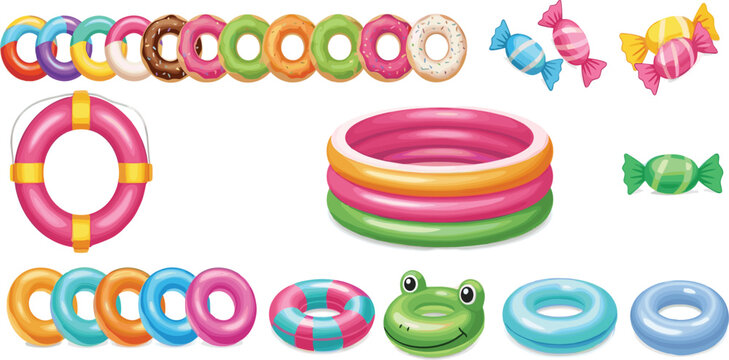 Colorful inflatable pool float ring vector illustration set with candy themed swim toys collection