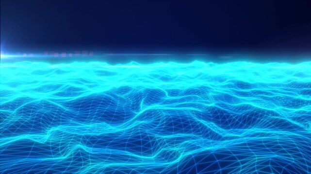 Futuristic cyan wireframe wave landscape with glowing polygon grid and digital horizon, abstract technology background
