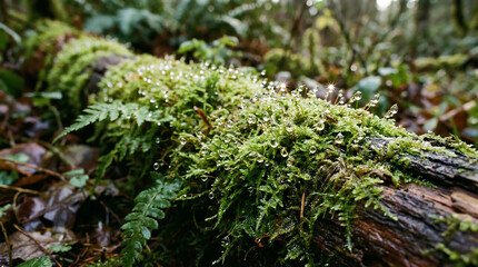 Tiny dewdrops glisten on vibrant green moss and ferns in a damp forest setting