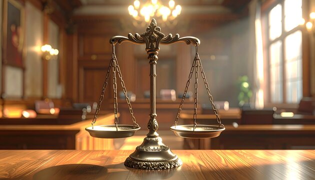 A bronze scale on a wooden desk in a courtroom
