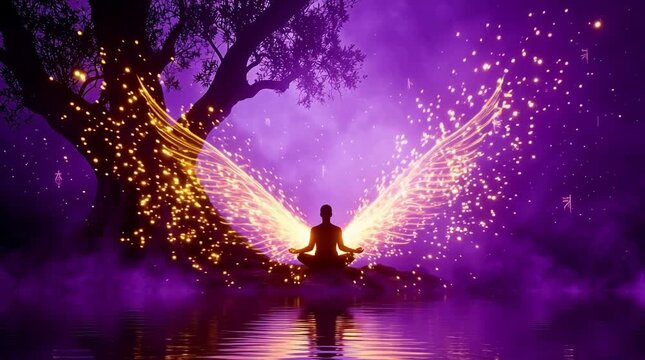 Meditative figure with glowing wings sits serenely by a mystical lake under a purple misty tree