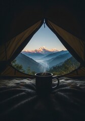 Cozy tent view steaming coffee mug overlooking misty mountain valley sunrise adventure
