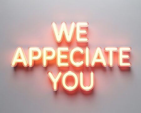 Glowing neon sign saying We Appreciate You on gray background