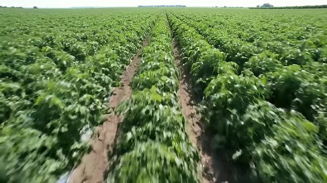 Aerial View Gliding Over Rows of Lush Green Potato Plants in a Vast Agricultural Field Under a Bright Blue Sky on a Sunny Day