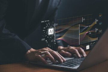 Analyst manages the system database, AI analysis data plans, and reports. shows a dashboard chart on the computer. research on digital platform technology. ai analytics business concept