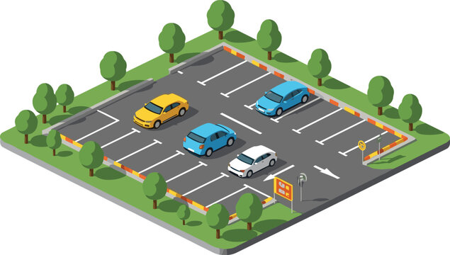 Isometric parking lot with cars, trees, landscaping, signage