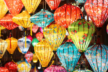 Colorful traditional Chinese lantern or light lamp to decorate street at night, there are famous things of Hoi An - the heritage ancient city of Vietnam.