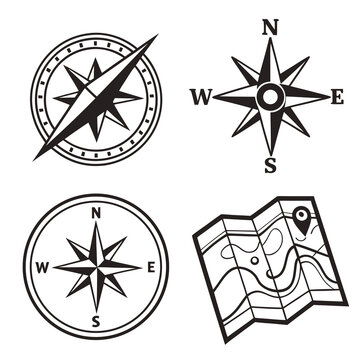 A collection of compasses and a map for navigation and orientation Vector