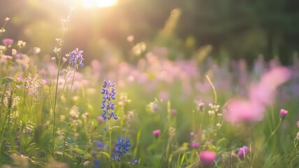 Naklejka premium Vibrant Wildflower Meadow Filled with a Mix of Pinks and Blues at Golden Hour Light