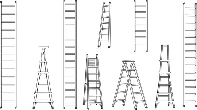 Ten ladder illustrations including straight, step, and extension ladders in various positions and designs