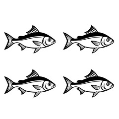 Fototapeta premium Four black and white fish illustrations swimming right side up