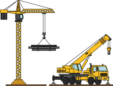 Tower Crane and Mobile Crane Construction Machinery Vector Illustration