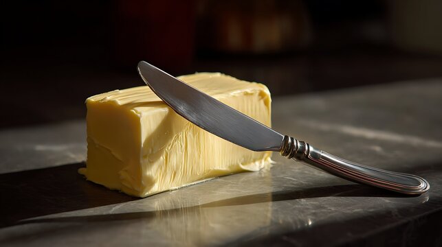 A butter knife lies on a large piece of spreadable fat on a butter dish