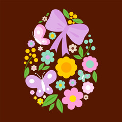 Colorful Easter eggs with flowers, ribbons and butterflies in dark background. Decorated egg for traditional hunting celebration. Easter eggs, flowers and cute ribbon decoration for Spring holiday. 