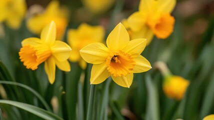 Obraz premium Vibrant Yellow Daffodil Blossoming in a Sunlit Garden During Spring Season
