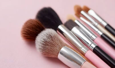 a flat lay of makeup brushes with pink and black bristles, arranged on a pastel background