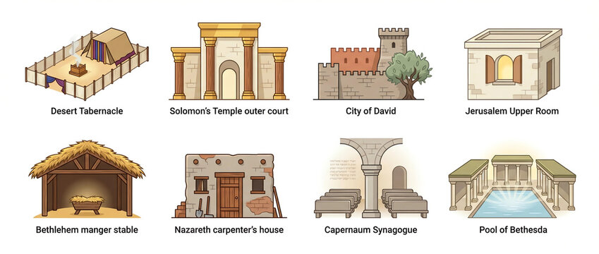 Biblical historical sites and structures illustrated in a cartoon style