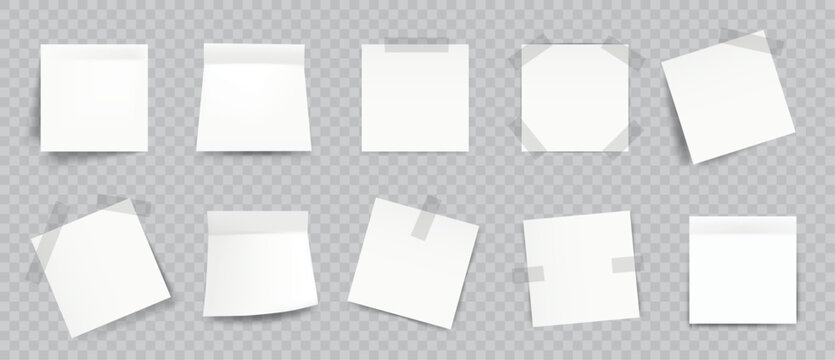 White 3d paper note. Realistic sticky memo page with adhesive tape, blank rolled paper sheet for information board. Empty important reminder for message, office notice and checklist. Vector set