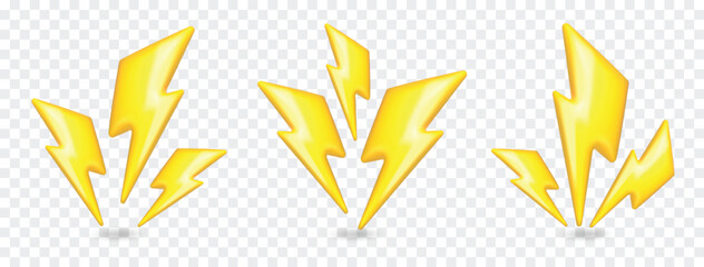 3d lightning icons. Thunder bolt electric flash yellow arrow, battery charge symbol. Thunderbolt energy strike, cartoon power logo. Realistic thunderstorm, high voltage warning isolated vector sign