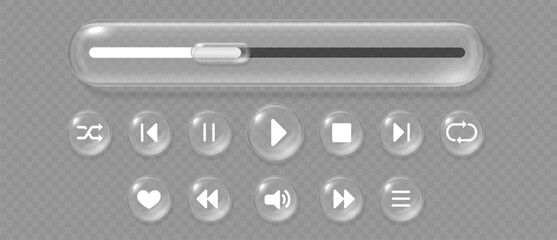 Liquid glass media play, 3d transparent realistic button with control icons. Glossy glassmorphism interface, bar slider and play, stop and pause, favorite music symbols. Mobile app UI vector template