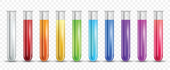 3D realistic glass test tube with biological color liquids. Transparent lab container, medicine laboratory check up equipment. Clinical diagnostic, hematology vial vector isolated mockup © Frogella.stock
