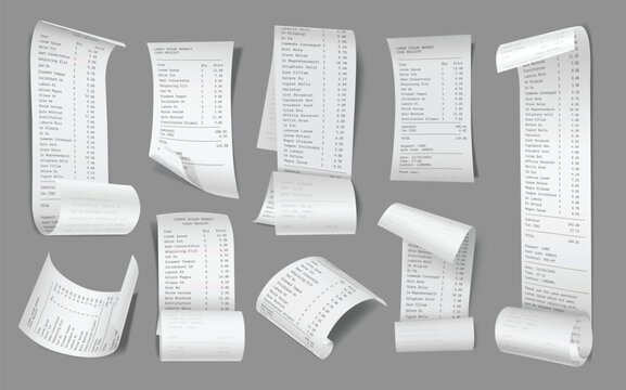 Paper receipt realistic template, register sale printed receipts mockup for POS and payment concept. 3D realistic vector isolated set