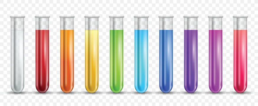 3D realistic glass test tube with biological color liquids. Transparent lab container, medicine laboratory check up equipment. Clinical diagnostic, hematology vial vector isolated mockup