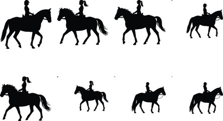 Fototapeta premium Equestrian woman silhouette set, horse riding, vector art