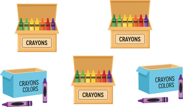Crayon box set vector illustration with colorful wax crayons in open packages school supplies design