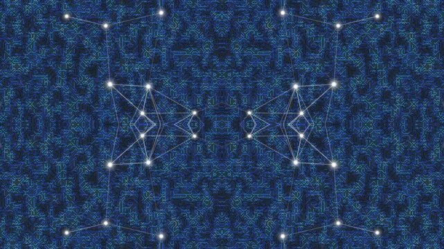 Symmetrical constellation of bright points connected by lines, creating a mesmerizing abstract pattern on a dark blue textured surface, symbolizing digital connectivity and data structures