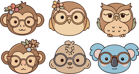 Cute animal faces with glasses collection cartoon monkey owl koala vector illustration set isolated background © MdMojnu