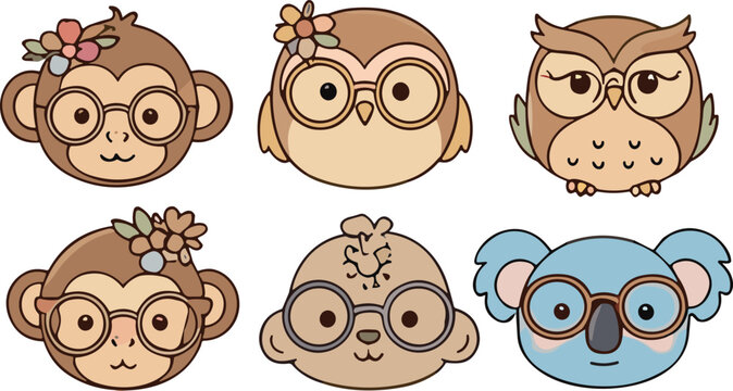 Cute animal faces with glasses collection cartoon monkey owl koala vector illustration set isolated background
