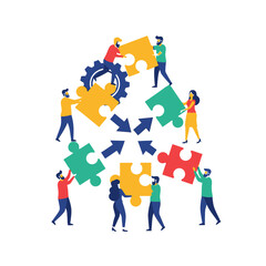 Teamwork building a house shape with puzzle pieces and gears