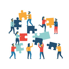 Teamwork and Collaboration: People assembling jigsaw puzzle pieces for success