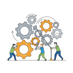 Teamwork and Collaboration: People working together with gears, problem-solving, business concept
