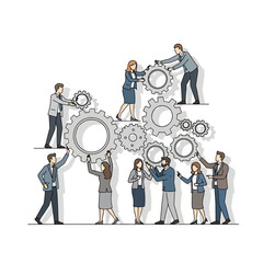 Teamwork and Collaboration: People assembling gears for business success
